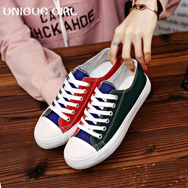 

UNIGUE GIRL Canvas Women's Sneakers 2018 New Fashion Lace-up Comfortable Women Flat Shoes Woman Casual Vulcanized Shoes Footwear