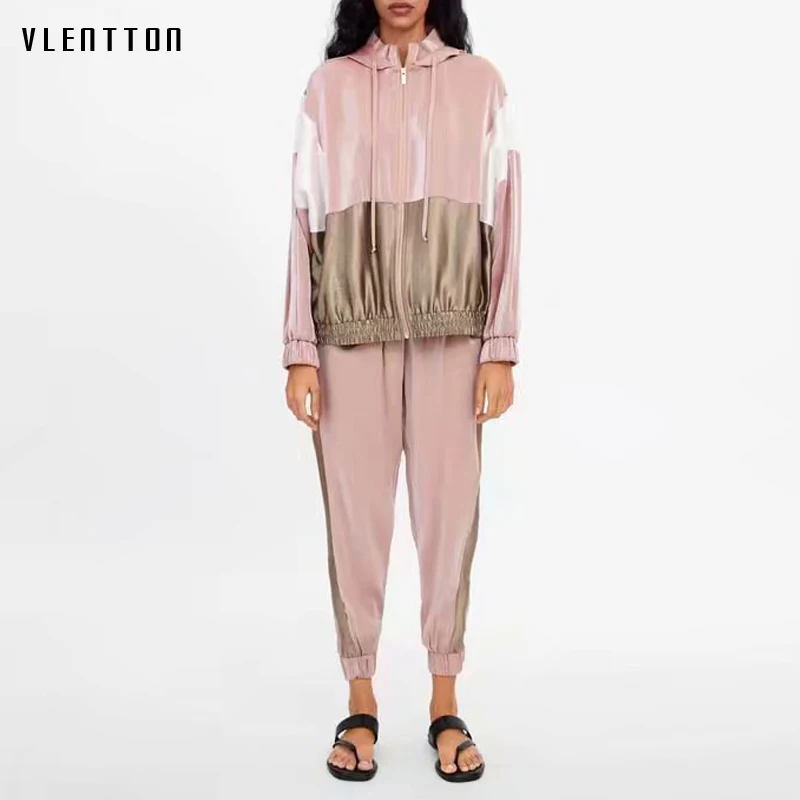 

Tracksuit Women Pink Spliced Two Piece Set Outfits For Women Hooded Baseball Bomber Jacket Tops And Jogging Casual Pants Suits