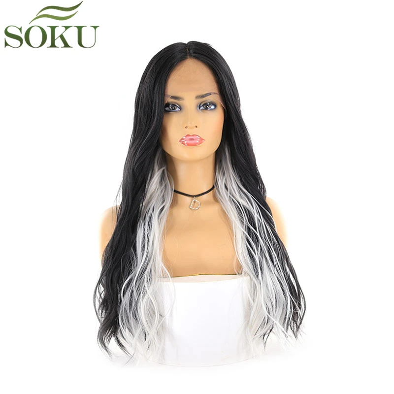 

Black Gray Synthetic Lace Front Wigs SOKU Long Wavy Middle Part Lace Wig Heat Resistant Glueless Lace Front Wig For Women