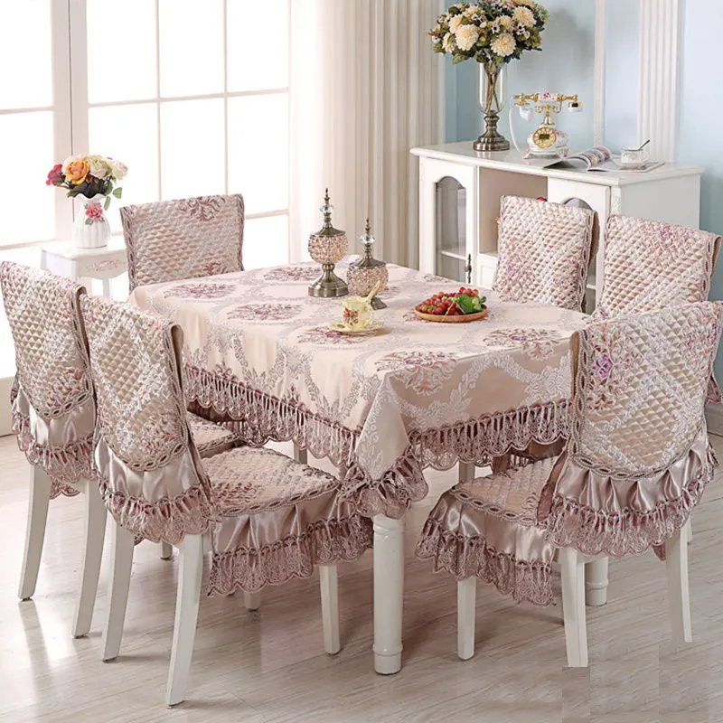 Luxury Europe Table Cloth Satin Printed Lace Chair Cover Cushion Set Hotel Wedding Decorat Banquet Home Dinning Tablecloth Set