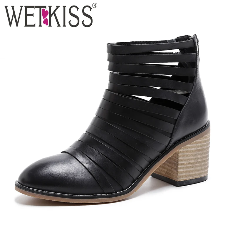 

WETKISS Brand Design Narrow Bandage Ankle Boots Women Genuine Leather Vintage Shoes Female Boot Thick Heels Zipper Retro Booties