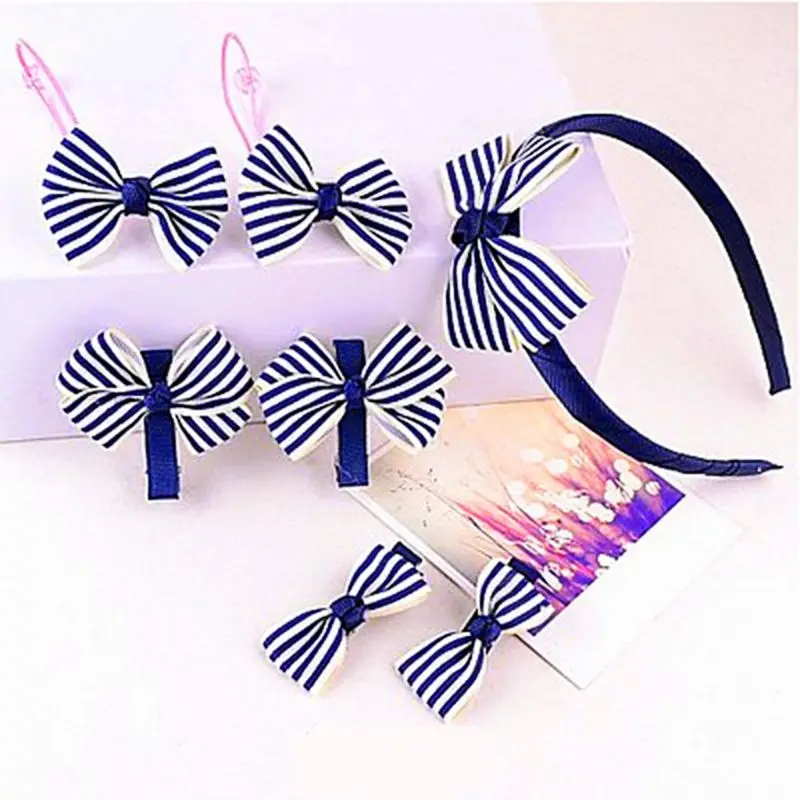 

7Pcs/Set Children Bowknot Striped Polka Dot Headwear Contrast Headband Hair Clip