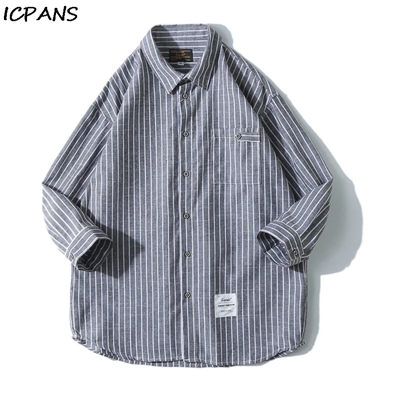 

ICPANS Men's Shirt Japanese Trend Short Sleeve Tops Seven Sleeve Striped Shirt Men's Casual Shirt