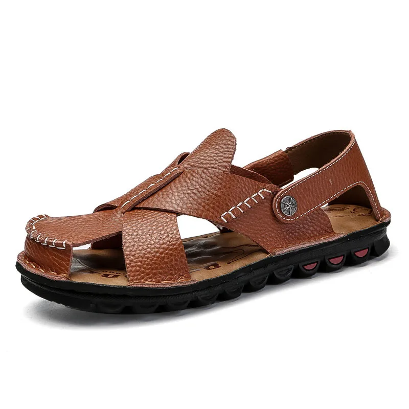 

Men Sandals Summer Shoes Breathable Split Leather Footwear Durable Rome Beach Sandals Solid Basic Black Brown Shoes Casual Shoes