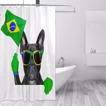 

Brazil Soccer Dog Waving a Flag Bath Curtain Mouldproof Waterproof Polyester Washable Bath Decor Shower Curtain with 12 Hooks