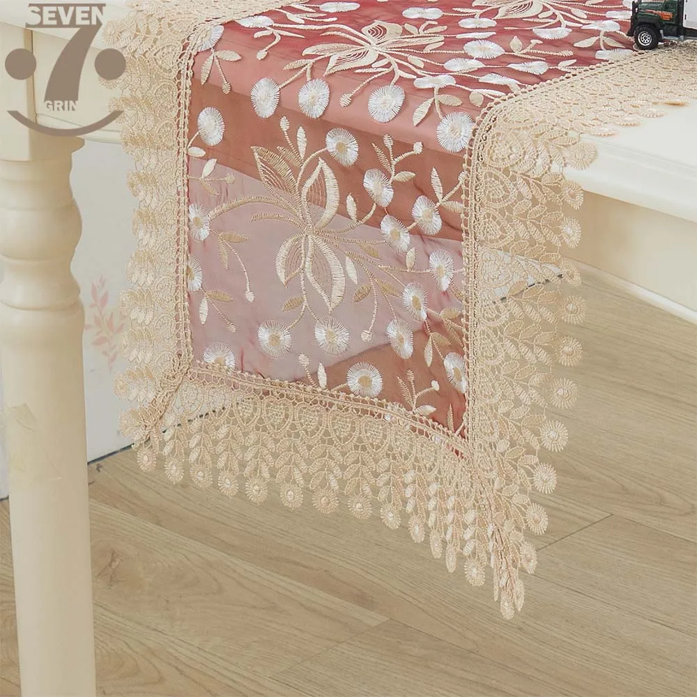 

Free Shipping Home Decorative Wedding Party Banquet Birthday Xmas Festival Embroidered Burgundy Organza Table Runner