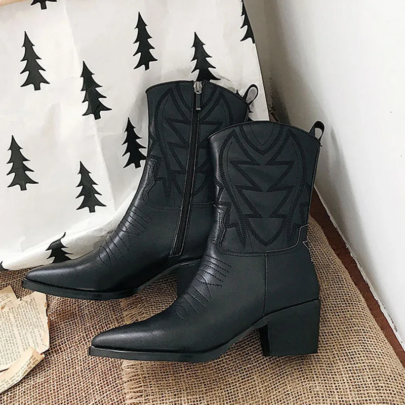 Negro Martin Tacón 2018 Tobillo Cuero Black Botas Punta Estrecha Alto Moda Bordado Leather Mujer Verdadero qfWHnTZa