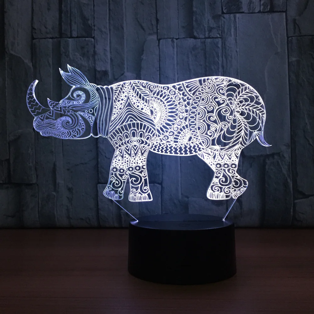 Носорог 3D Night Light 7 цветов свет настольной лампы Атмосфера дома декоративные огни 753