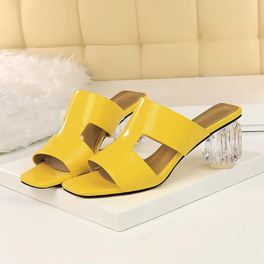 Летние женские туфли на высоком каблуке 6,5 см; желтые туфли без задника; прозрачные сандалии на толстой подошве; женские туфли-лодочки; прозрачные туфли на низком каблуке; зеленые туфли - Цвет: Цвет: желтый
