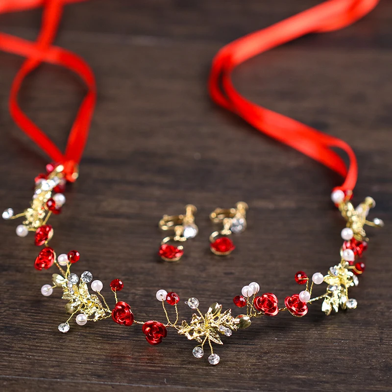 

Handmade 3pcs Gold Color Headbands With Red Rhinestone Ribbon Wedding Hair Accessories Bridal Hair Jewelry For Women