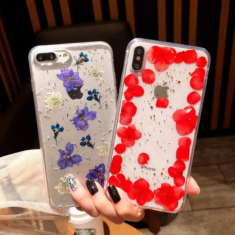 Real Dried Flowers Soft TPU Phone Case For iPhone X XR XS Max 6 6S 7 8 plus Silicone Cover Handmade Clear Pressed Case Coque New (3)