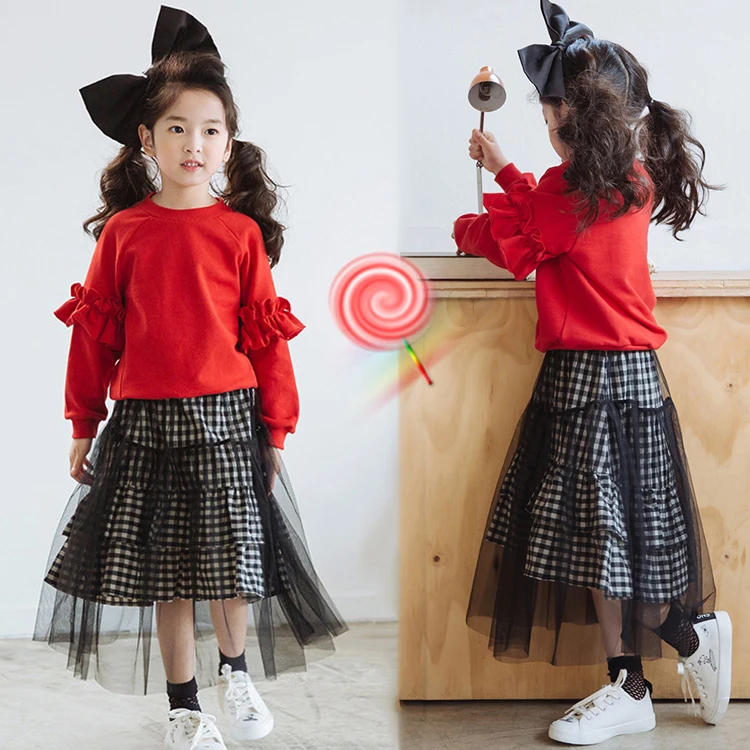 

2019 Spring Teenage School Costume 2pcs Toddler Baby Girls Red Tops Big Girls Outfits 8 10 12 T-shirts Sweatshirts + Plaid Skirt