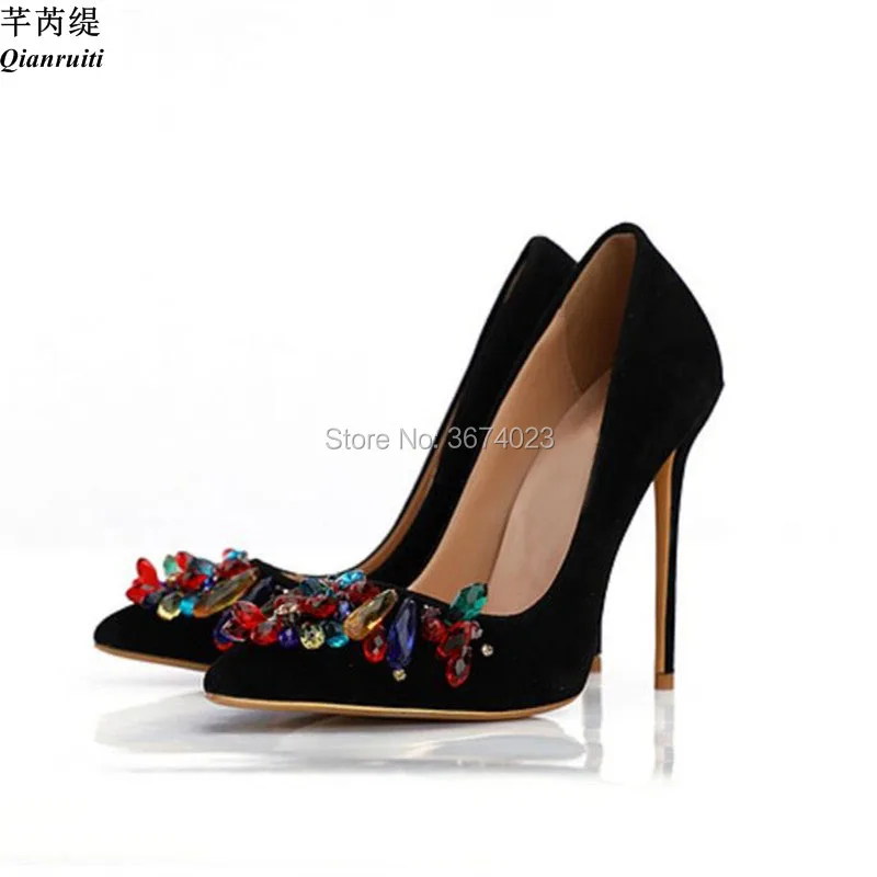 Qianruiti Party Shoes Women Colorful Jeweled Pumps Slip On Leather High