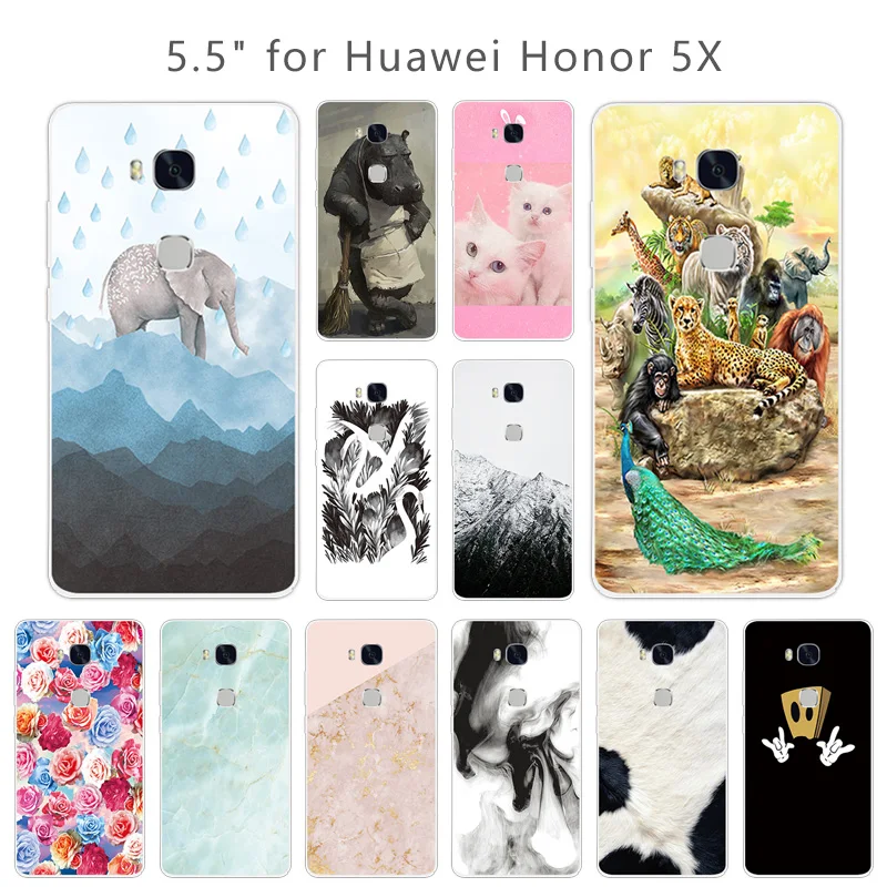 Мягкие силиконовые чехлы для Huawei Honor 5X полная защита задняя крышка с животными 5X5 X