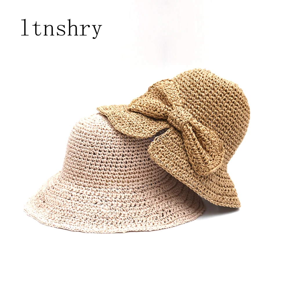 

Women's Summer hat sun cap handmade straw shading hat for ladies bow foldable straw hat artistic Holiday Beach Hat Breathable