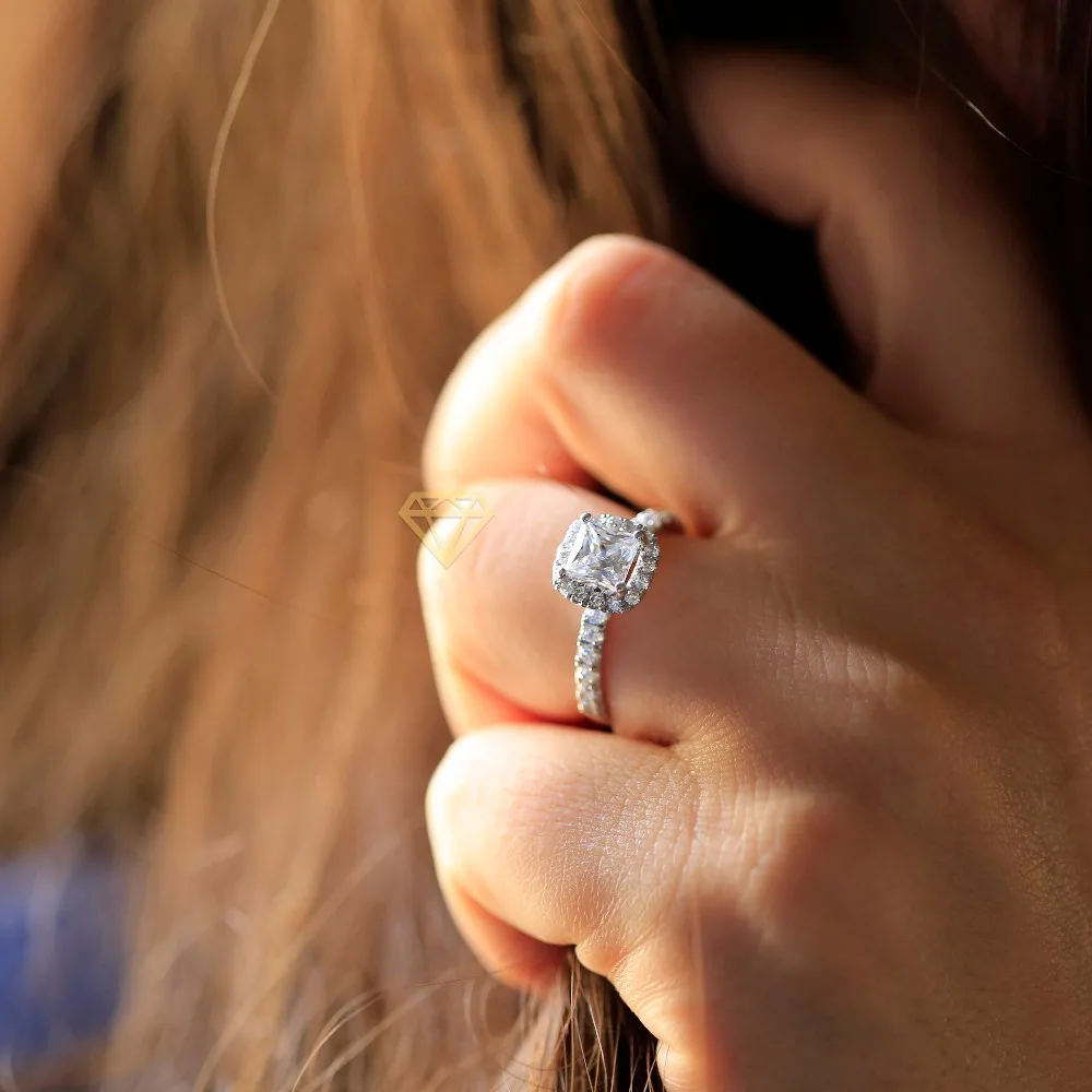7,0 мм 2.0ct карат элегантное DEF цвет принцесса обручальное кольцо со светлым окаймлением свадебное Moissanite алмазное кольцо для женщин Настоящее 14 к 585 Белое золото
