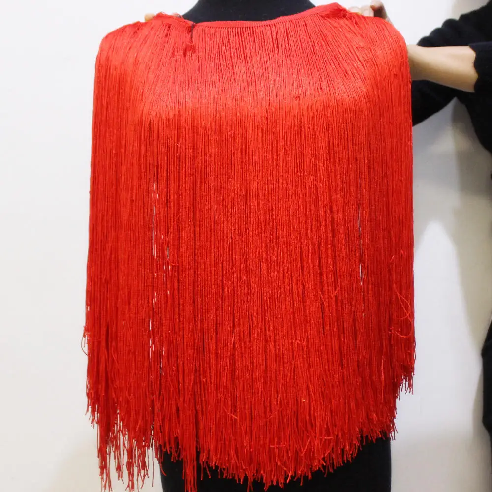 50-100 см длинное платье из полиэстера с бахромой и бахромой для латинских танцев, макраме, кружево, 3 года, Самба, Одежда для танцев, отделка - Цвет: Red