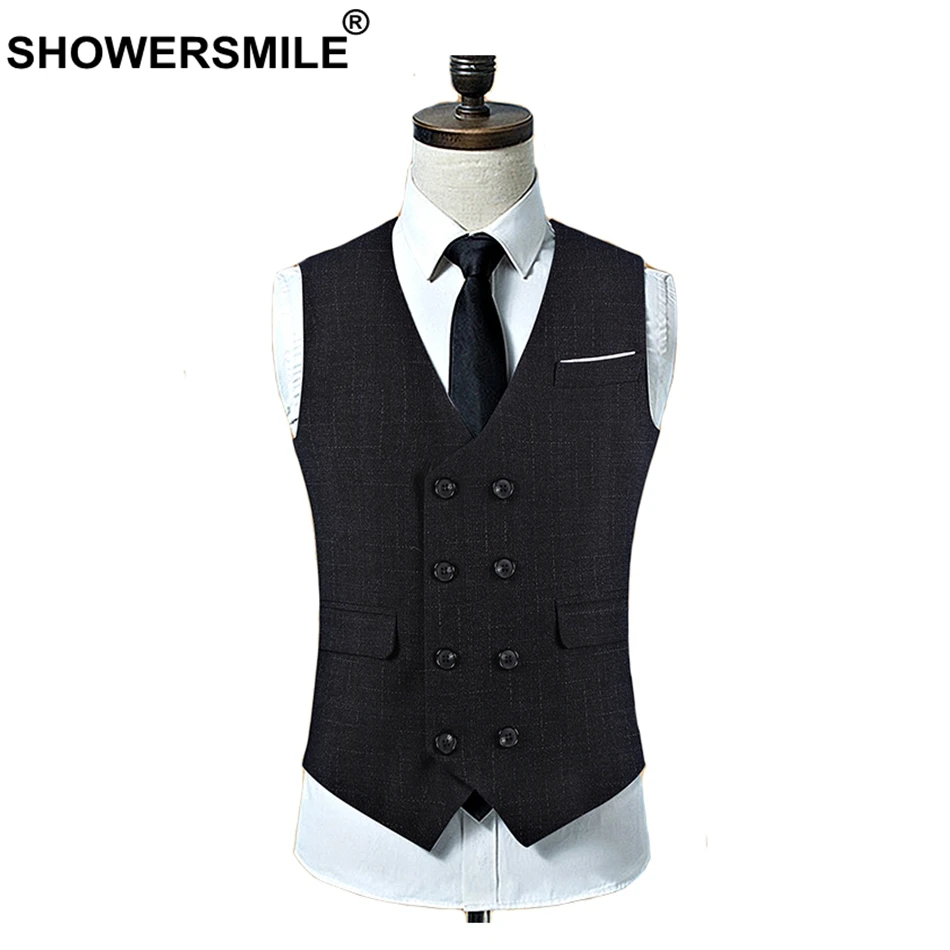 SHOWERSMILE двубортный жилет для мужчин серый Slim Fit мужской свадебное платье жилеты Британский демисезонный куртка без рукавов