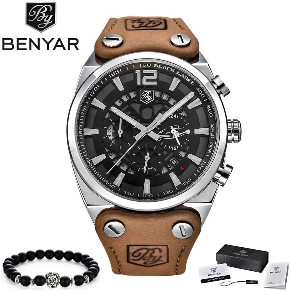 BENYAR мужские часы Топ бренд класса люкс мужские военные спортивные часы мужские повседневные водонепроницаемые кварцевые наручные часы Relogio Masculino - Цвет: Silver white