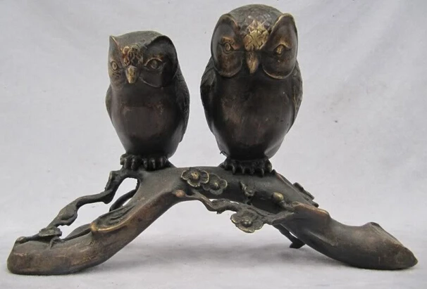 

Collectible bronze lion statue S1082 Folk Collection classical Old Bronze Two bird of Minerva owl on Plum flower (B0413)