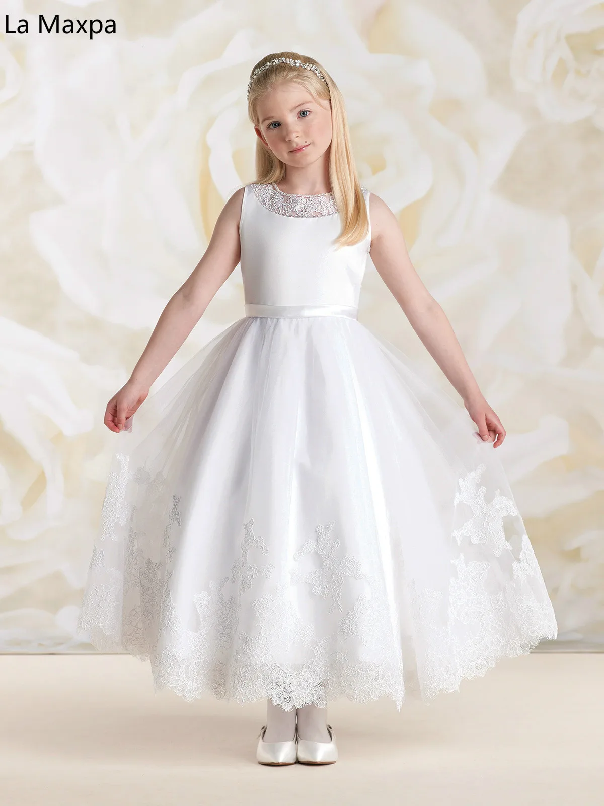 Lace White Sleeveless Children Princess Dress Birthday Party Music Festival Performance Girl's Mesh Tutu Dress Lace White Sleeveless Children Princess Dress Birthday Party Music Festival Performance Girl's Mesh Tutu Dress