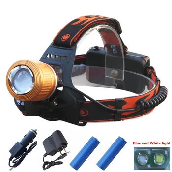 

fishing led Headlamp rechargeable 18650 head lamp head torch led headlight Blue light white light zoom lanterna waterproof camp