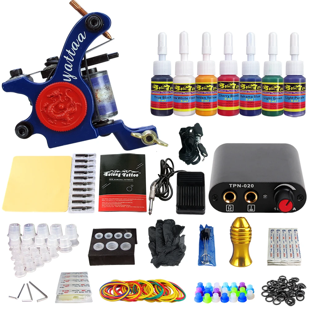 

Solong Tattoo Machine Kit Complete Set Aluminium Grip Power Supply Foot Padel Switch Cartridge Needles TK105-69