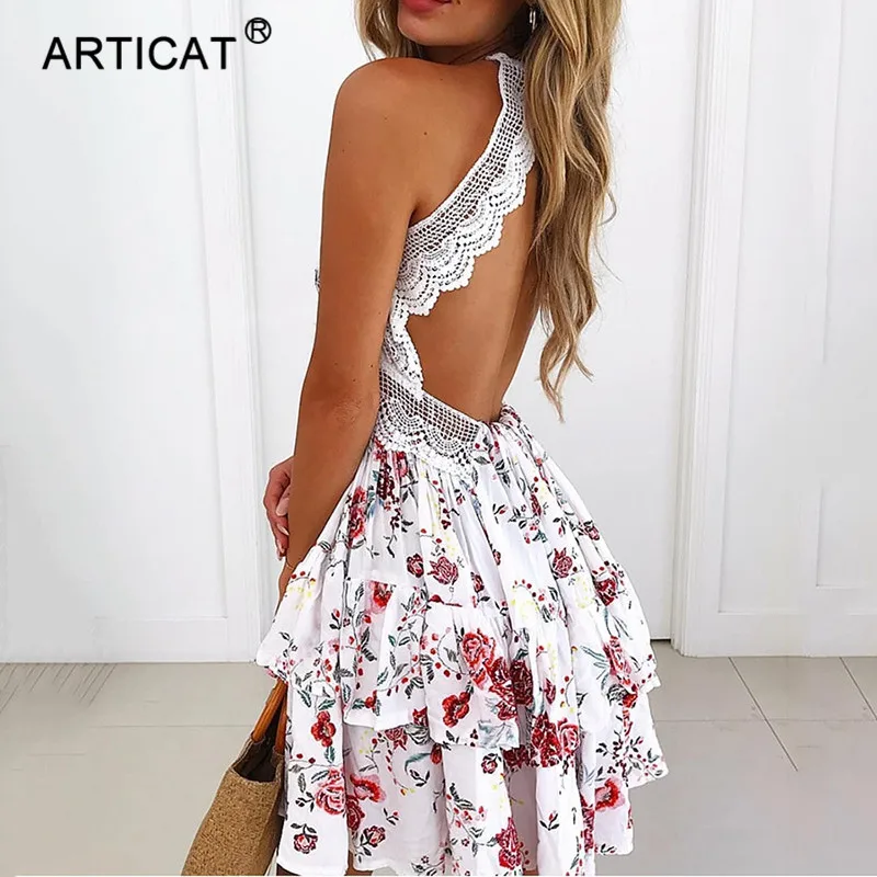 Articat, сексуальное кружевное летнее платье с открытой спиной и v-образным вырезом, женское Короткое платье на бретелях без рукавов, повседневное пляжное платье для вечеринки, Vestidos