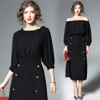 

spring and autumn outfit new Europe fashion United States splicing split black dress women vintage vestidos sexy dresses clothes