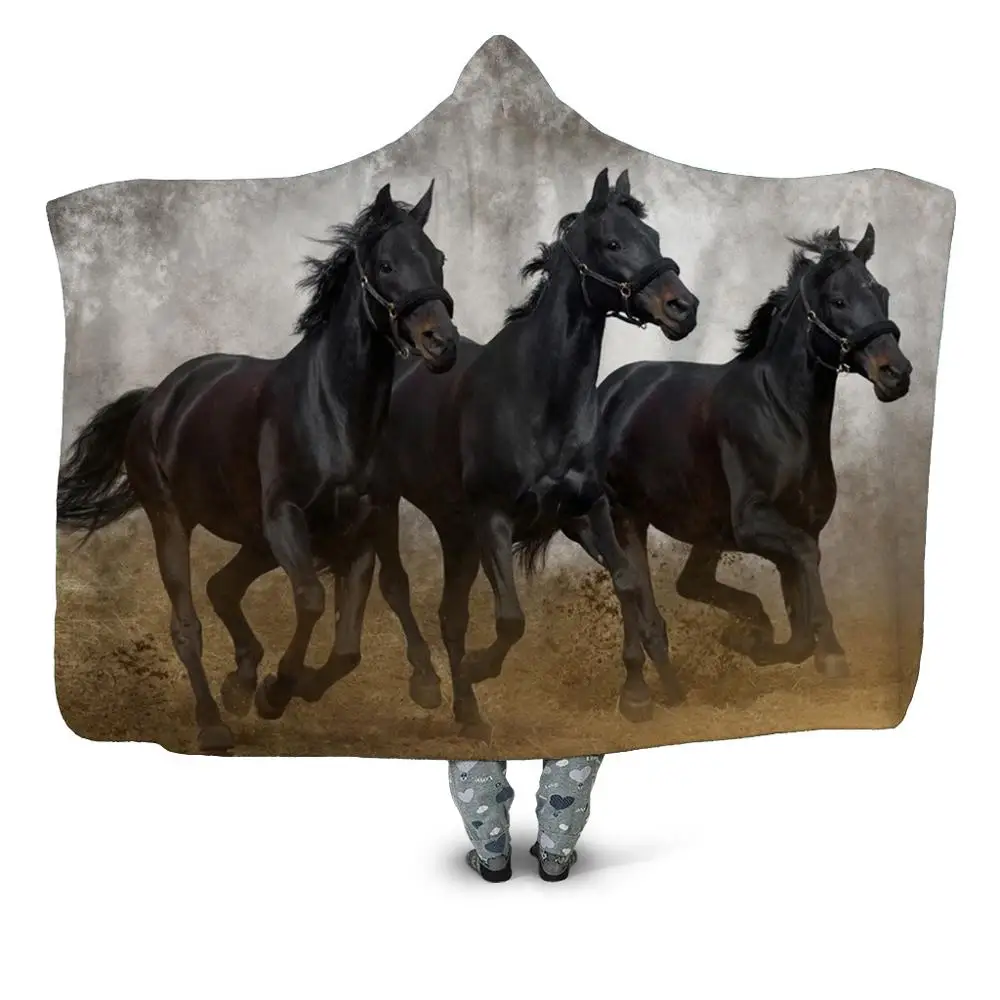 Плюшевое моющееся одеяло с капюшоном и 3D-принтом в виде лошадей для взрослых, Детская софа, теплое Флисовое одеяло для дома и офиса - Цвет: HBKH1413