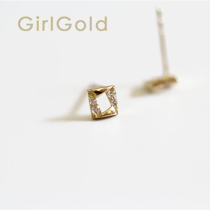 9K твердые золотые геометрические алмазные хрустальные серьги-гвоздики мини Изящные женские Минимальный простой стиль подарок подружки невесты
