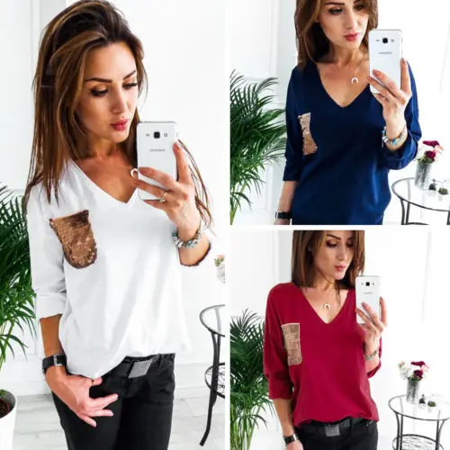 

Women Blouse Autumn Sequins Casual V Neck Autumn Long Sleeve Blouse Tops Casual