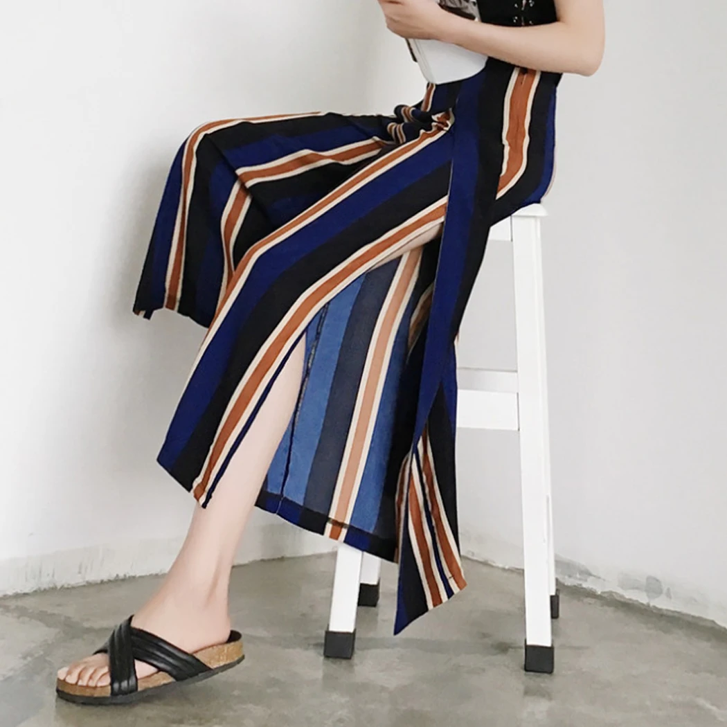 Fashion Women Bow Tie Vertical Striped Wide Leg Loose Bell Bottom Pants Side Split Drawstring