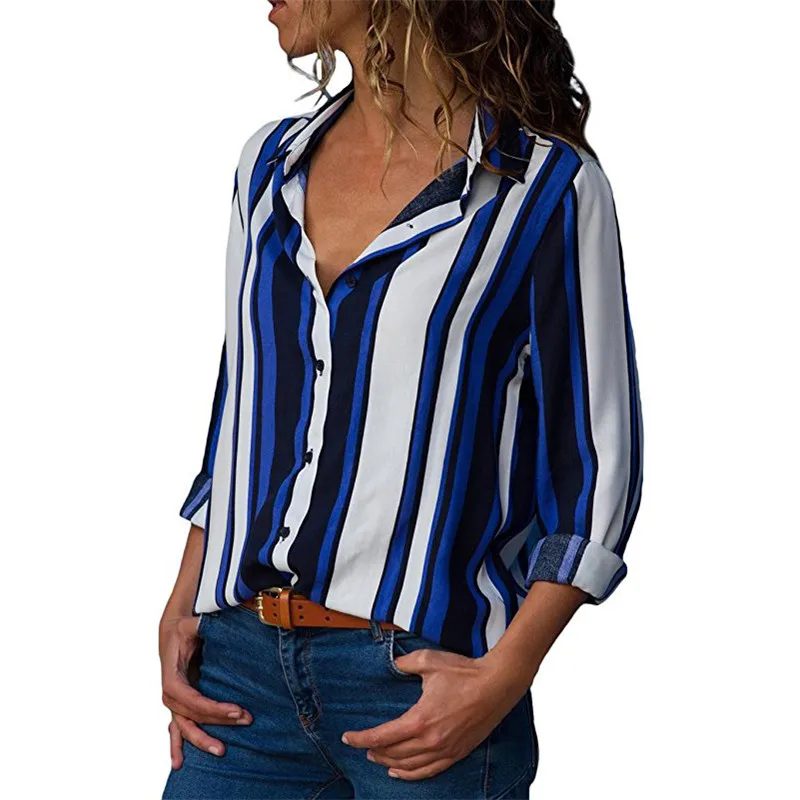 Горячая распродажа Женские Блузки Повседневная блуза с длинным рукавом винтажная Цветочная печать полосатые женские рубашки модные свободные топы на пуговицах Блузы - Цвет: Navy Blue