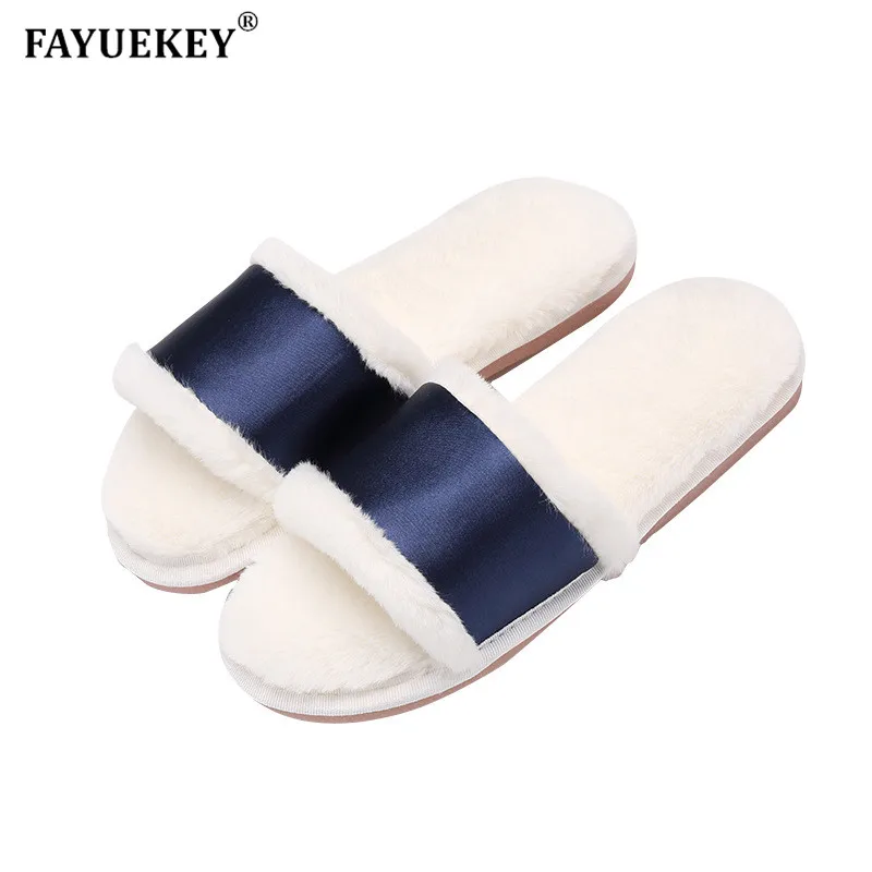 

FAYUEKEY New Spring Autumn Winter Fashion Women Home Emulation Silk Sexy Plush Slippers Girls Bedroom Outside Flat Gift Shoes