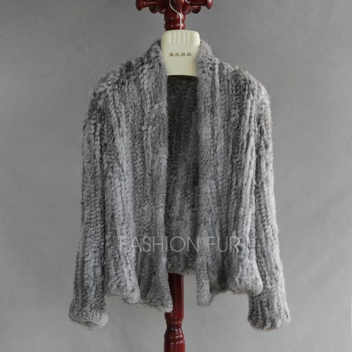 Новинка, модное женское вязаное пальто с натуральным кроличьим мехом, куртка с длинным рукавом, вязаные куртки с натуральным мехом RJ0001 - Цвет: Natural Grey