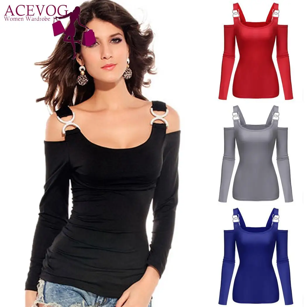 

ACEVOG Tops Shirt Slim Sleeve Autumn Shoulder Spring T-shirt Women Long 2018 Off T-shirts Women Solid Female T Tshirt