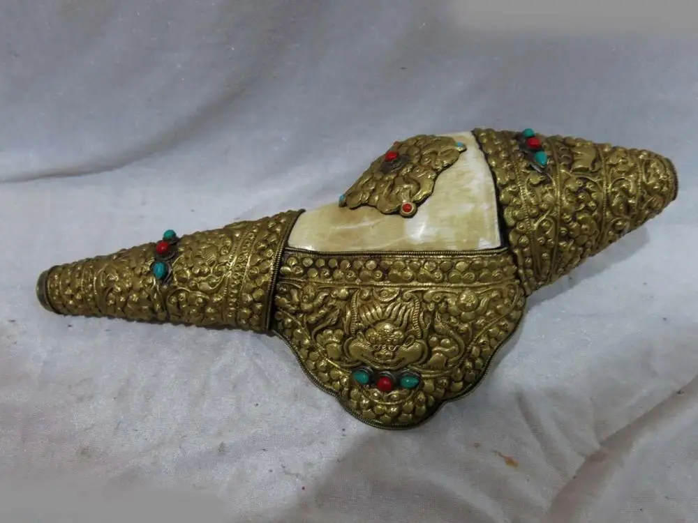 

Tibet handmade fine beautiful dragon copper gild inlay trumpet shell Statue