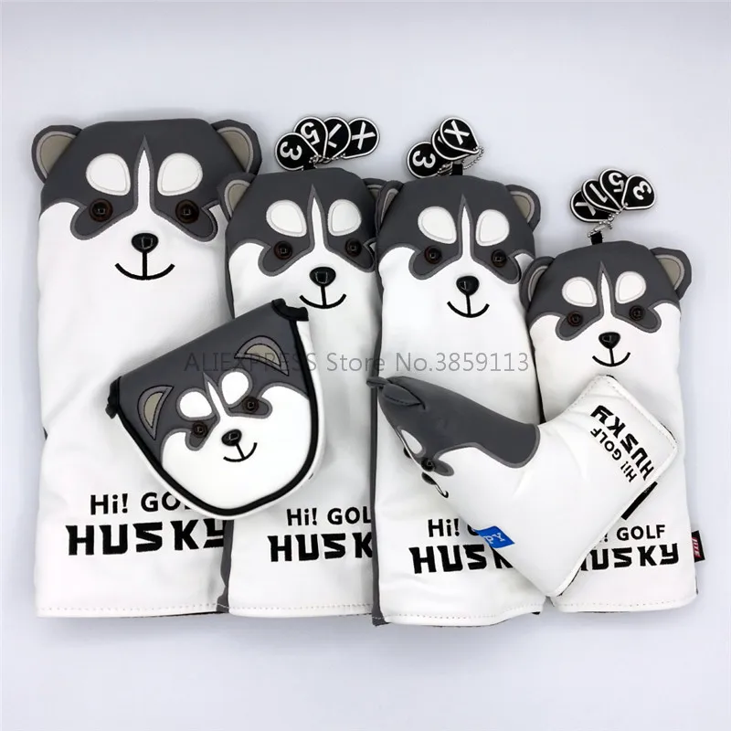 

Lovely Husky Golf Driver Woods Head Covers Cartoon Animal Fairway Hybrid Rescue PU Leather Putter Headcovers Golf Covers