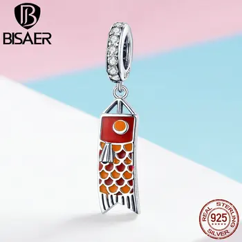 

BISAER Gift 925 Sterling Silver Lucky Koinobori Fish Charms Red Enamel Lucky Beads fit Bracelets Sterling Silver Jewelry ECC1085