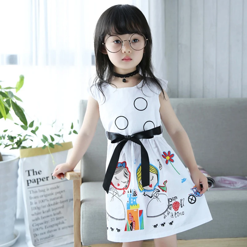 

New Girls Clothes Material Cotton Cute White Cartoon Dress For The Girl Princess Dresses With Belt 2-6Year
