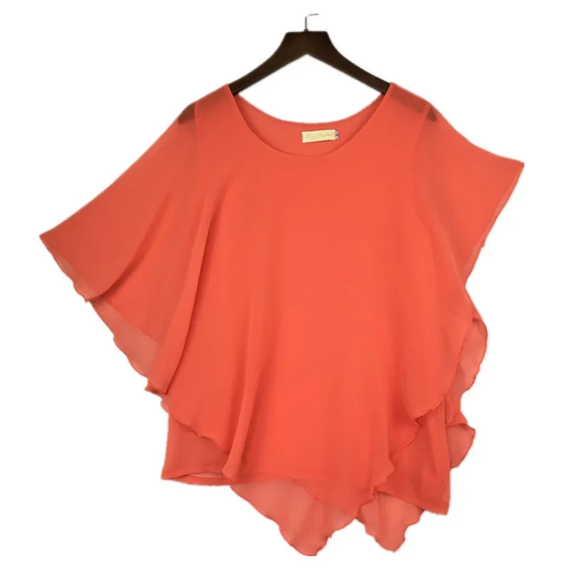 Plus Size - 16 Color Plus Size Ladies Chiffon Blouses Batwing Sleeve Tops Shirts Women Asymmetric Shirts (Us 6-24W)