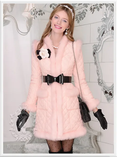 Cheap dabuwawa women parka fashion slim cute v collar cute long winter jacket pink doll