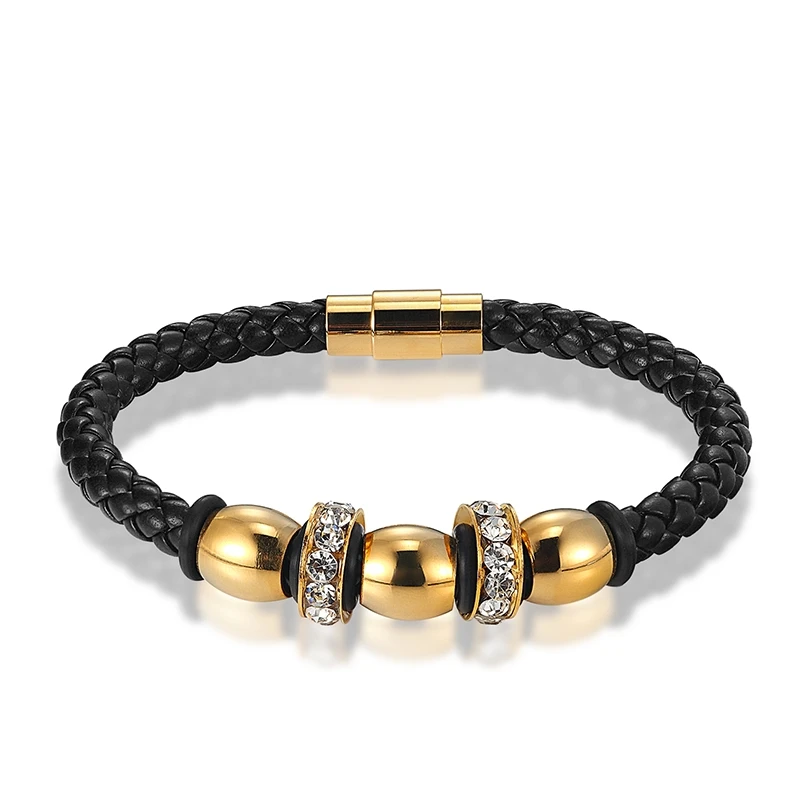 

JANEYACY HOT High Quality Stainless Steel Leather Bracelet Men Bracelet Personality Rhinestones Women Bracelet Jewelry Preferred