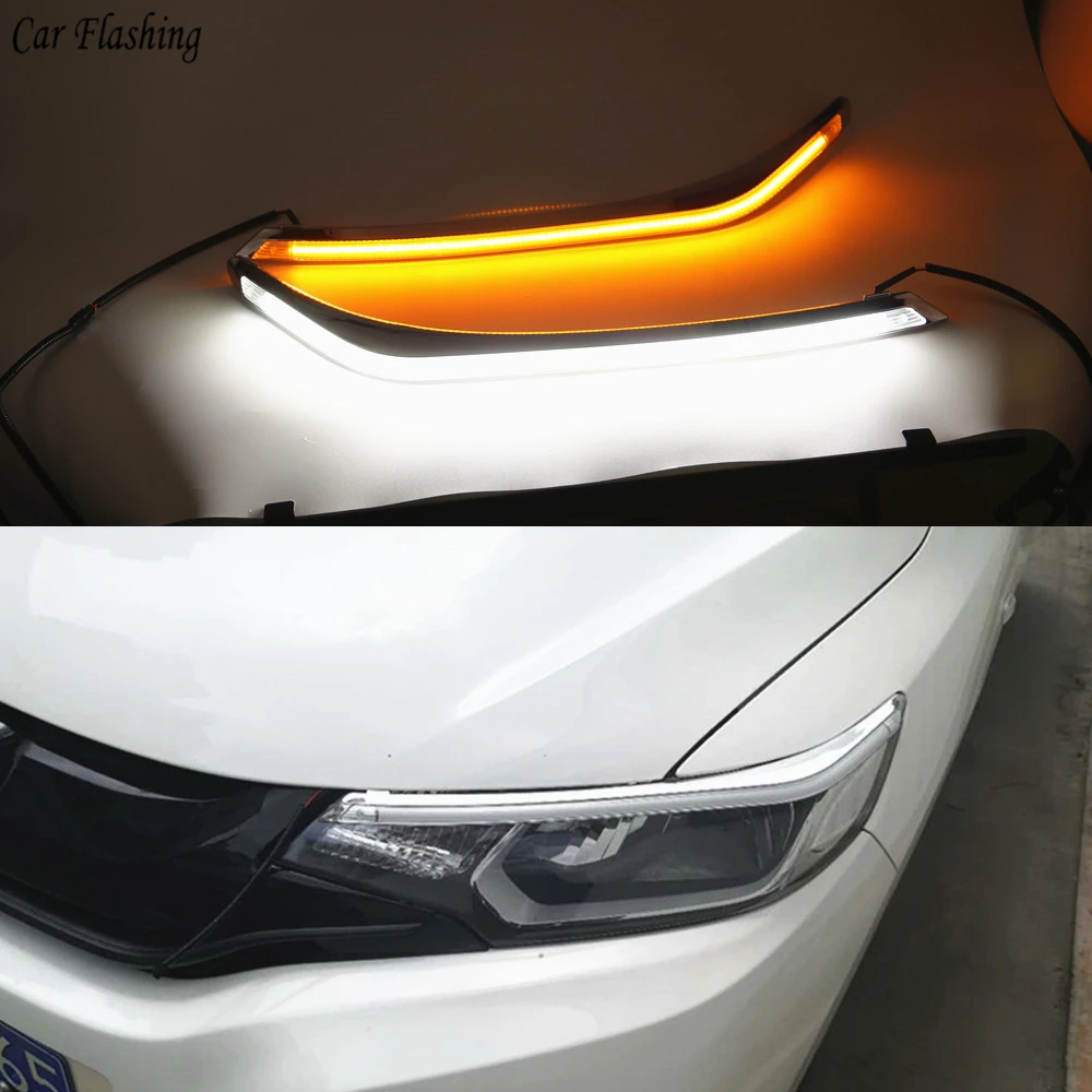 

2PCS LED Daytime Running Light Yellow Turn Signal Relay Car Headlight Eyebrow Decoration For Honda Fit Jazz 2015 2016 2017 2018