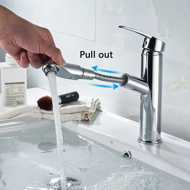 ROVATE Одноручный смеситель для раковины для ванной комнаты, смеситель для горячей и холодной раковины с выдвижным распылителем