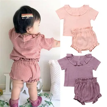 

2PCS New Infant Toddler Baby Girls Clothes Outfits Short Sleeve Ruffles Tee Tops T-shirt Shorts Panties Trousers Pants Set 0-24M