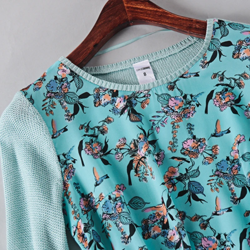 Women sweater spring autumn long-sleeved female knitted top tees printed thin light green Breathable panelled Sweaters