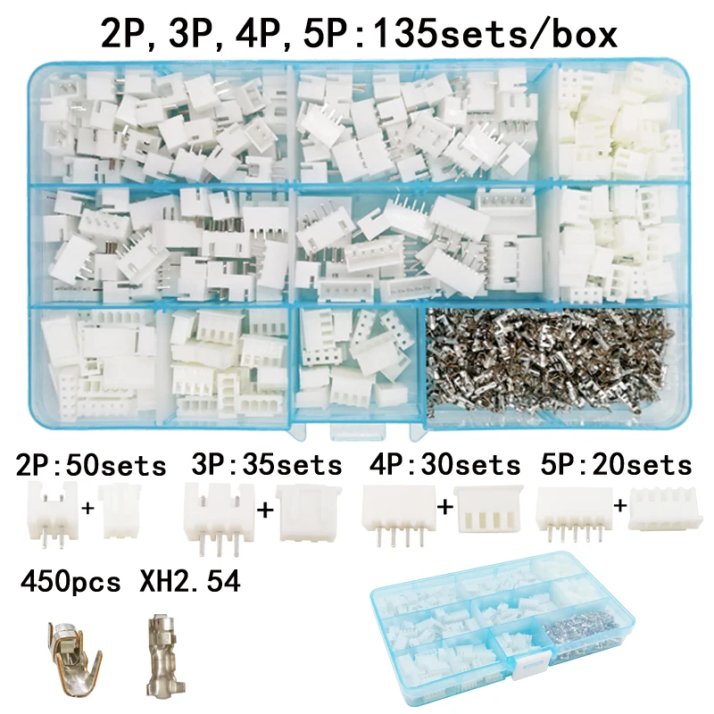 

135sets/box suit 2p 3P 4P 5P pin 2.54mm XH2.54 connector plug + straight needle + terminal socket Header wire Adaptor connectors