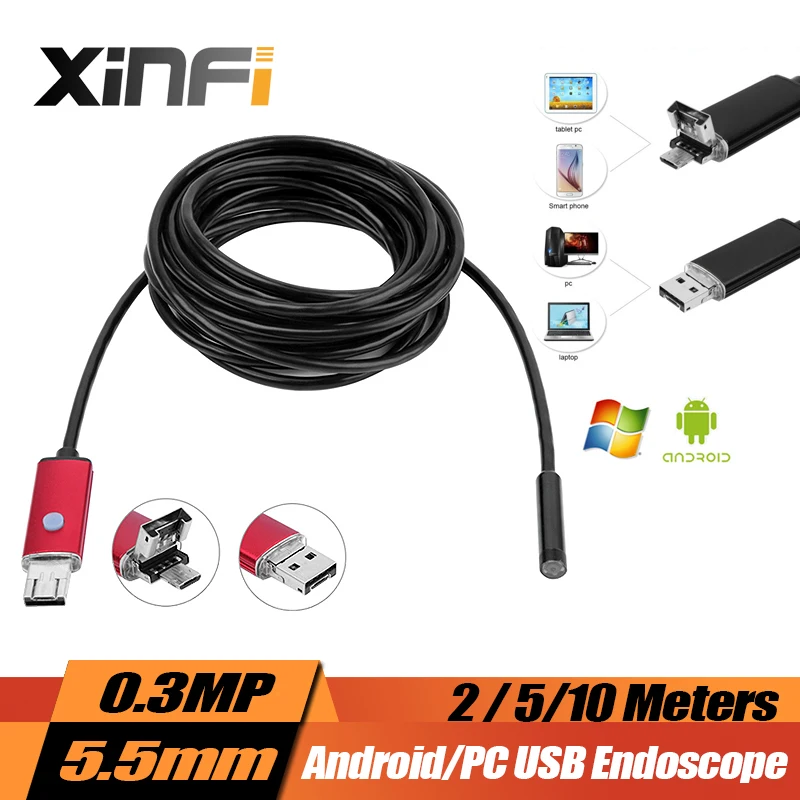 

XINFICAM Endoscope Snake camera pipe Inspection 5.5mm 0.3MP Camera Borescope for Android/PC with OTG USB cable 2/5/10M length
